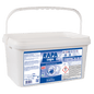 A white plastic canister labeled "Dr. Schnell RAPA CAPS full detergent powder, manual dosing, laundry hygiene" (2160 g) from DR.SCHNELL GmbH & Co. KGaA features a handle, a blue and white sticker, safety symbols, and instructions.