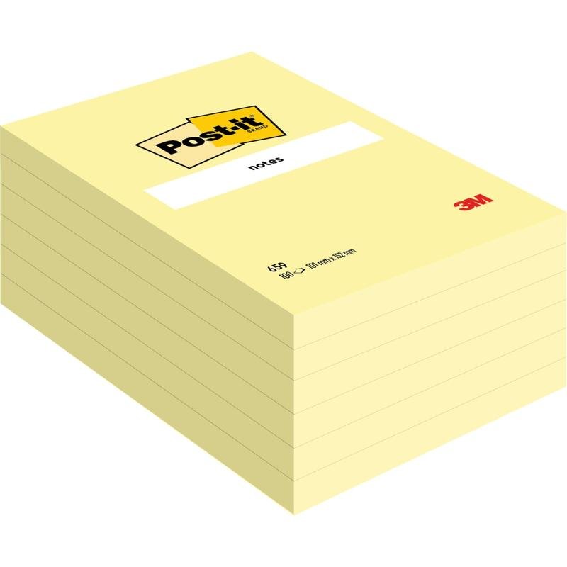 A stack of new, large, yellow Post-it® Notes (101 mm x 152 mm) from 3M Deutschland GmbH, with neatly aligned blocks and a "notes" label on top.