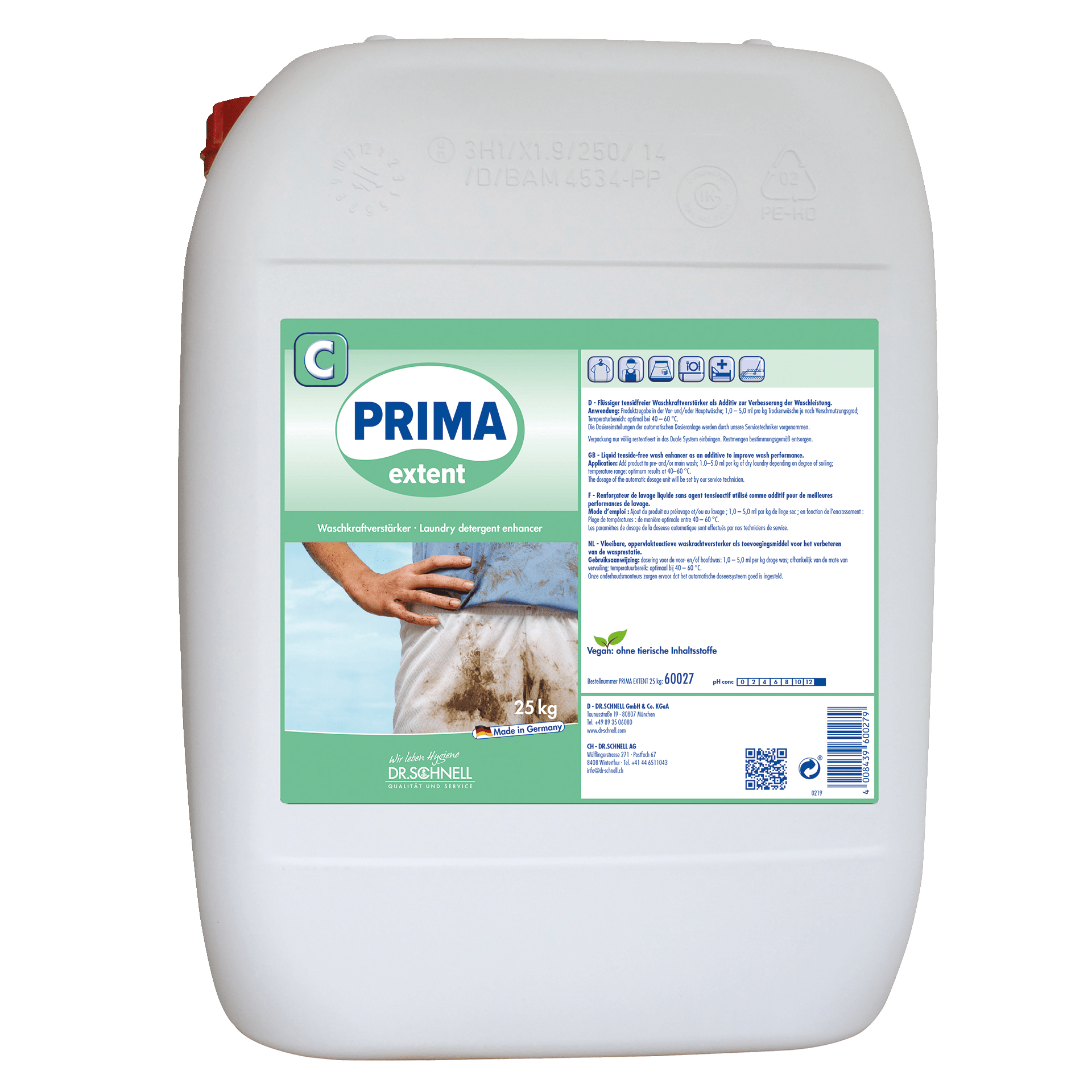 A white plastic container with 25 kg Dr. Schnell PRIMA EXTENT detergent booster from DR.SCHNELL GmbH & Co. KGaA, developed for professional cleaning, with the image of a dirty shirt and multilingual instructions on the label.