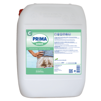 A white plastic container with 25 kg Dr. Schnell PRIMA EXTENT detergent booster from DR.SCHNELL GmbH & Co. KGaA, developed for professional cleaning, with the image of a dirty shirt and multilingual instructions on the label.