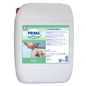 A white plastic container with 25 kg Dr. Schnell PRIMA EXTENT detergent booster from DR.SCHNELL GmbH & Co. KGaA, developed for professional cleaning, with the image of a dirty shirt and multilingual instructions on the label.