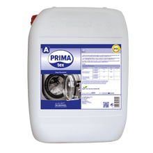 A large white 20 kg plastic container with the label "Dr. Schnell PRIMA TEX" from DR.SCHNELL GmbH & Co. KGaA is equipped with a blue label featuring a washing machine image, dosing table, and yellow certification mark - ideal for professional cleaning.