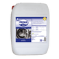A large white 20 kg plastic container with the label "Dr. Schnell PRIMA TEX" from DR.SCHNELL GmbH & Co. KGaA is equipped with a blue label featuring a washing machine image, dosing table, and yellow certification mark - ideal for professional cleaning.