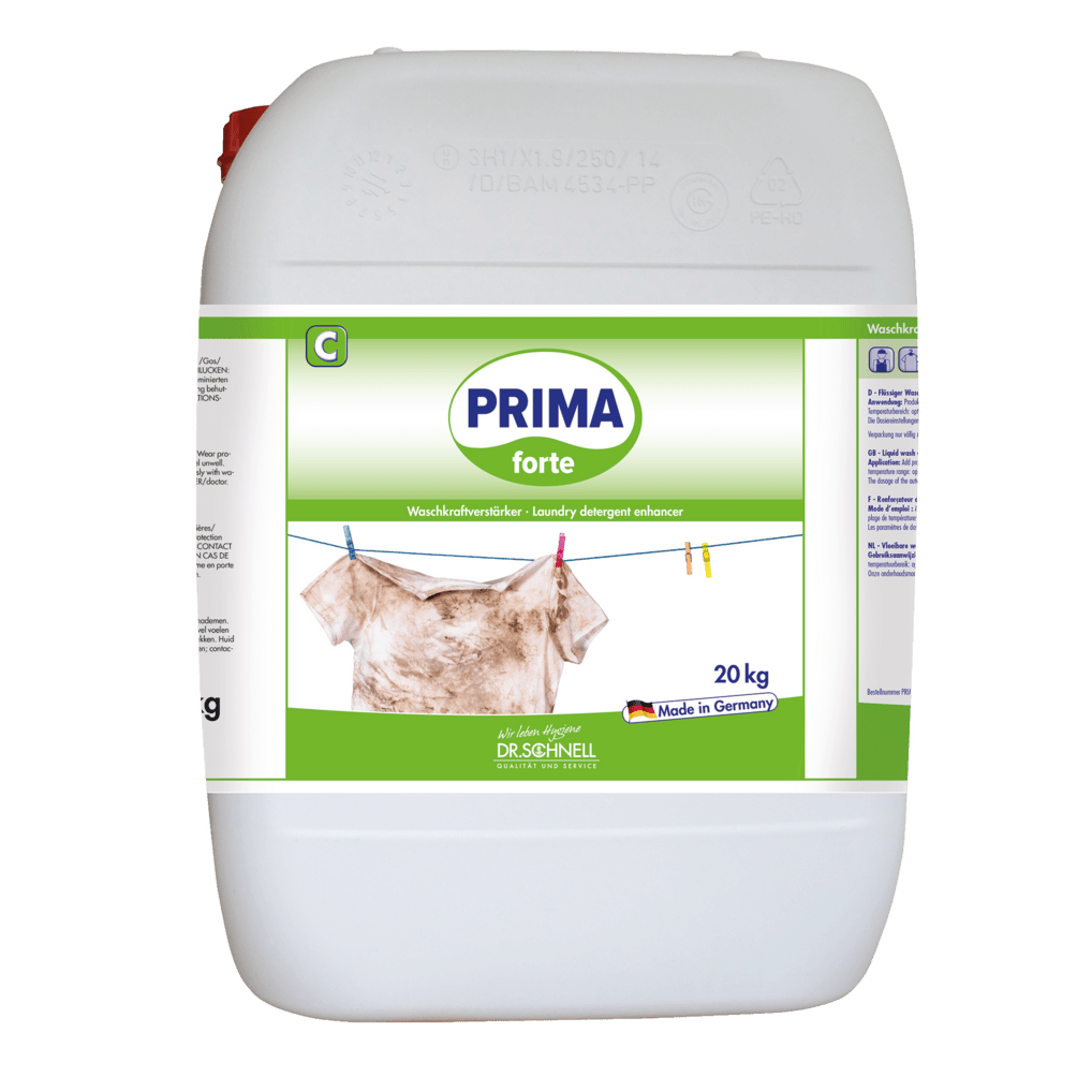 A white 20-kg container of Dr. Schnell PRIMA FORTE from DR.SCHNELL GmbH & Co. KGaA, with a green-white label depicting a dirty shirt on a clothesline. Ideal for professional cleaning; removes stubborn stains. The label says "Made in Germany".