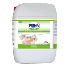 A white 20-kg container of Dr. Schnell PRIMA FORTE from DR.SCHNELL GmbH & Co. KGaA, with a green-white label depicting a dirty shirt on a clothesline. Ideal for professional cleaning; removes stubborn stains. The label says "Made in Germany".