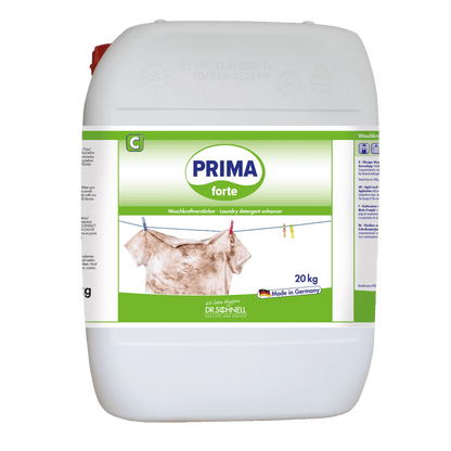 A white 20-kg container of Dr. Schnell PRIMA FORTE from DR.SCHNELL GmbH & Co. KGaA, with a green-white label depicting a dirty shirt on a clothesline. Ideal for professional cleaning; removes stubborn stains. The label says "Made in Germany".