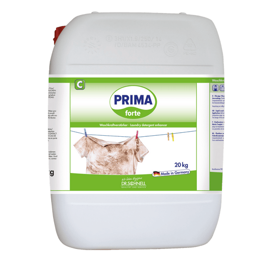 A white 20-kg container of Dr. Schnell PRIMA FORTE from DR.SCHNELL GmbH & Co. KGaA, with a green-white label depicting a dirty shirt on a clothesline. Ideal for professional cleaning; removes stubborn stains. The label says "Made in Germany".