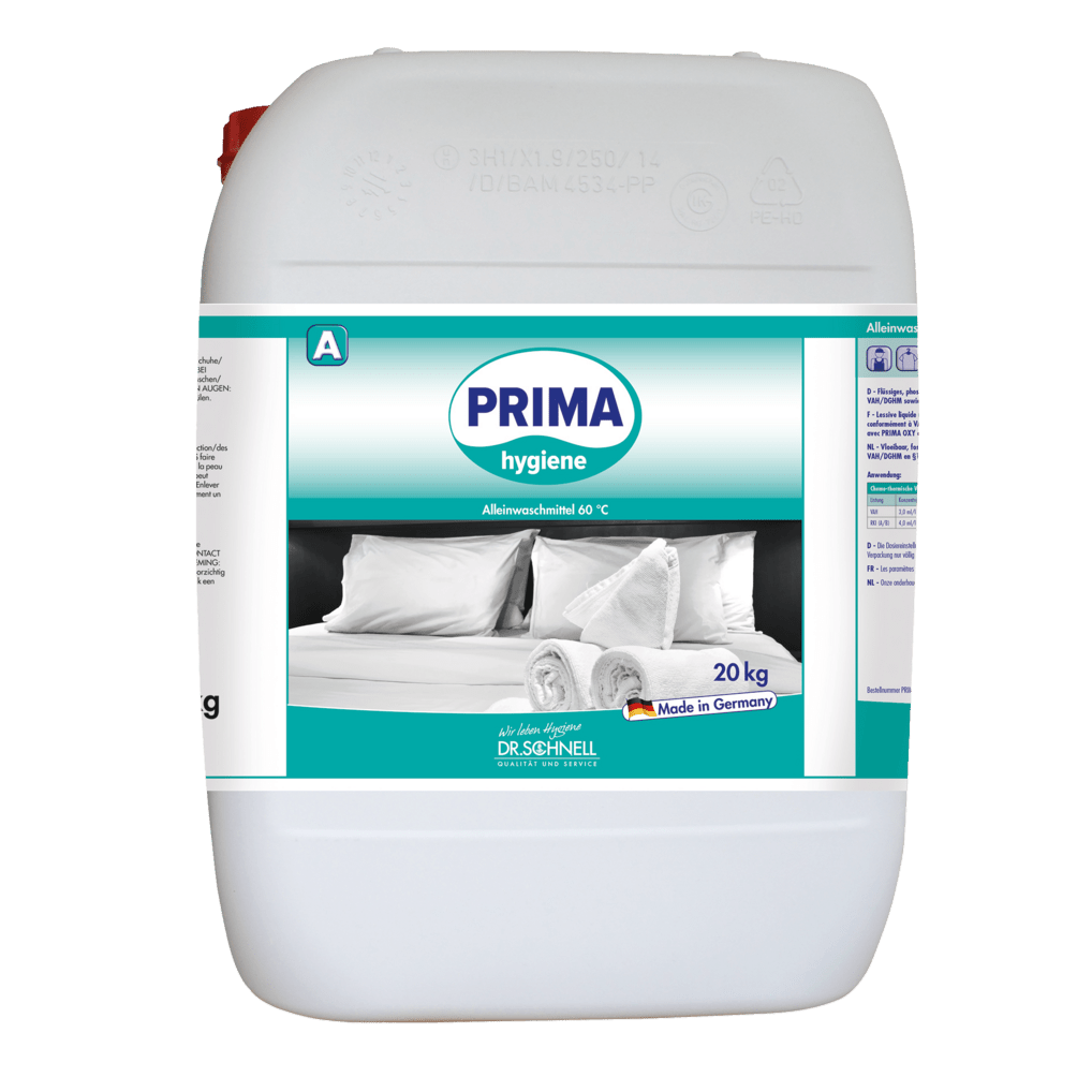 A white 20 kg plastic container with the label "Dr. Schnell PRIMA HYGIENE" of DR.SCHNELL GmbH & Co. KGaA, depicted with folded towels and pillows. The label says professional cleaning and made in Germany.