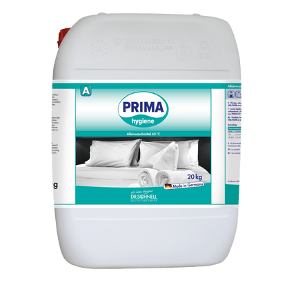 A white 20 kg plastic container with the label "Dr. Schnell PRIMA HYGIENE" of DR.SCHNELL GmbH & Co. KGaA, depicted with folded towels and pillows. The label says professional cleaning and made in Germany.