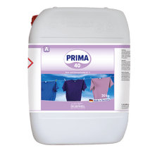 A white 20-kg container with Dr. Schnell PRIMA 40 from DR.SCHNELL GmbH & Co. KGaA is adorned with a purple "Made in Germany" label and images of colorful shirts, indicating its use as a cleaning agent for industrial applications.