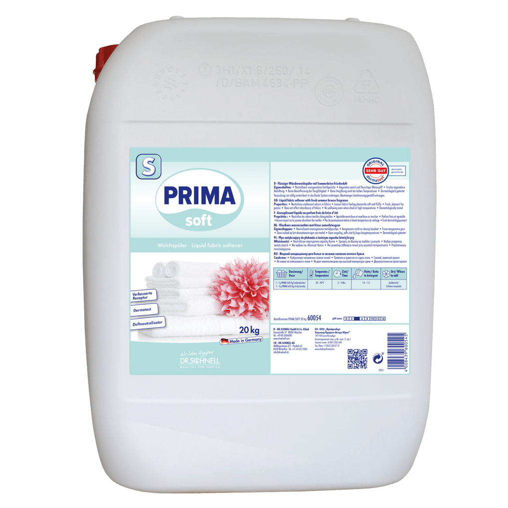 A white 20-kg plastic container of Dr. Schnell PRIMA SOFT soft fabric softener from DR.SCHNELL GmbH & Co. KGaA, with a blue-white label featuring folded towels, a pink flower, and product information in German.