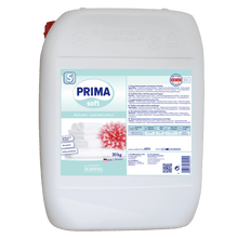A white 20-kg plastic container of Dr. Schnell PRIMA SOFT soft fabric softener from DR.SCHNELL GmbH & Co. KGaA, with a blue-white label featuring folded towels, a pink flower, and product information in German.