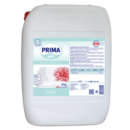 A white 20-kg plastic container of Dr. Schnell PRIMA SOFT soft fabric softener from DR.SCHNELL GmbH & Co. KGaA, with a blue-white label featuring folded towels, a pink flower, and product information in German.