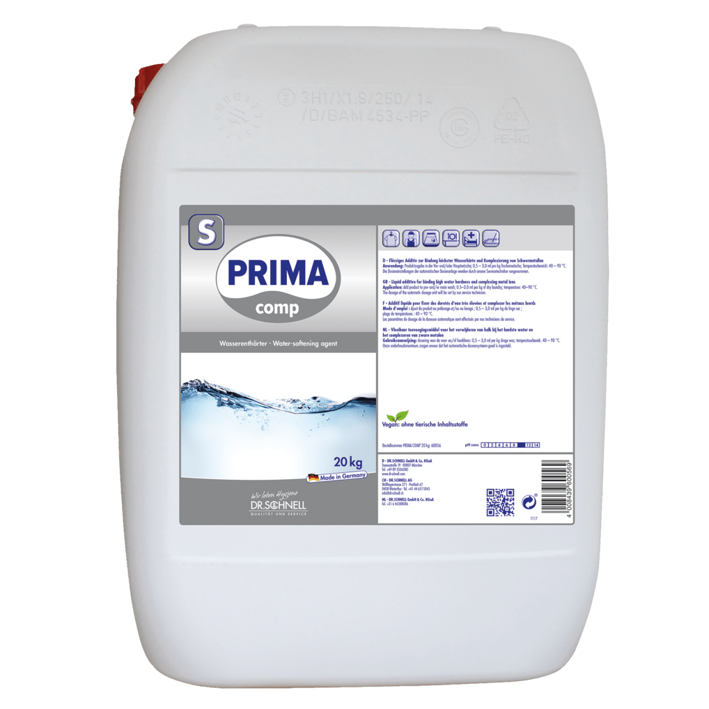 A 20 kg white plastic canister with a handle and red lid, labeled "Dr. Schnell PRIMA COMP Liquid Complexing Agent for Laundry Hygiene, DRS Dosage" from DR.SCHNELL GmbH & Co. KGaA. The label contains text, symbols, barcode, and QR code.