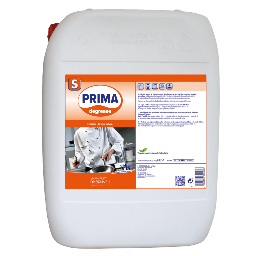 A large white plastic canister of 20 kg labeled "Dr. Schnell PRIMA DEGREASE Liquid Degreaser for Laundry Hygiene, DRS Dosage" by DR.SCHNELL GmbH & Co. KGaA, with product information, instructions, and safety symbols.
