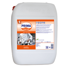 A large white plastic canister of 20 kg labeled "Dr. Schnell PRIMA DEGREASE Liquid Degreaser for Laundry Hygiene, DRS Dosage" by DR.SCHNELL GmbH & Co. KGaA, with product information, instructions, and safety symbols.