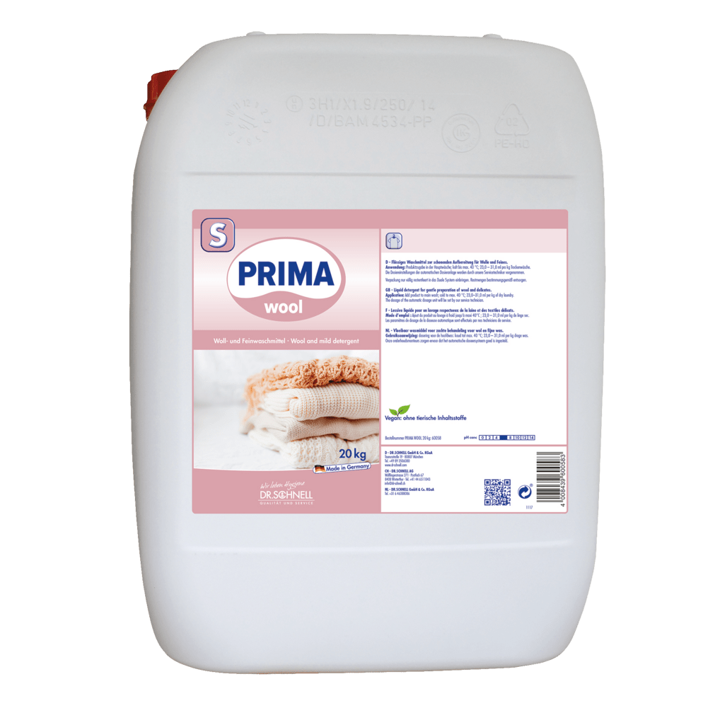 A white 20 kg canister Dr. Schnell PRIMA WOOL liquid detergent for wool and delicates by DR.SCHNELL GmbH & Co. KGaA, hygienically cleans wool and delicates with product information and application instructions on the label.