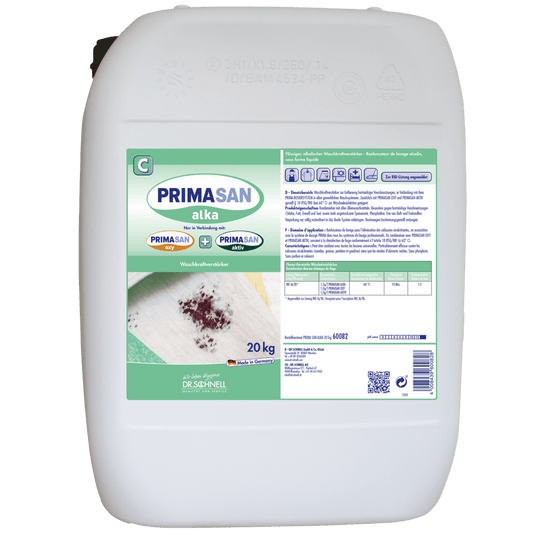 A white 20-kg plastic container labeled "Dr. Schnell PRIMA SAN ALKA" from DR.SCHNELL GmbH & Co. KGaA, an alkaline cleaner for professional use, with instructions, logos, an image of a soiled cloth, and safety instructions for commercial applications.