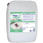 A white 20-kg plastic container labeled "Dr. Schnell PRIMA SAN ALKA" from DR.SCHNELL GmbH & Co. KGaA, an alkaline cleaner for professional use, with instructions, logos, an image of a soiled cloth, and safety instructions for commercial applications.