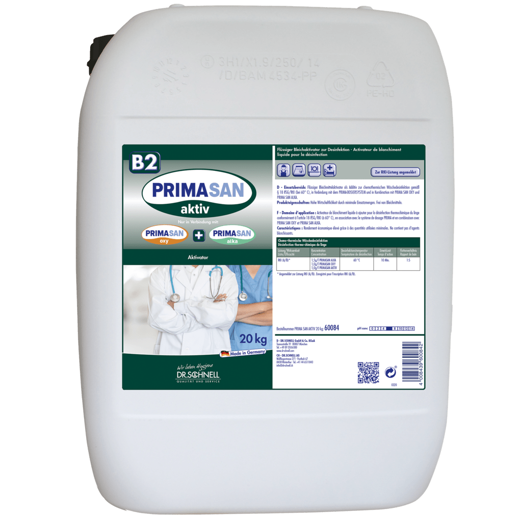 A white 20 kg plastic container labeled "Dr. Schnell PRIMA SAN AKTIV" by DR.SCHNELL GmbH & Co. KGaA, with a detailed product label featuring text, tables, and images of medical professionals for the use of disinfectants.