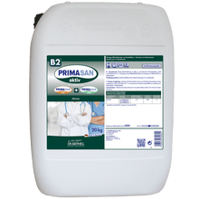 A white 20 kg plastic container labeled "Dr. Schnell PRIMA SAN AKTIV" by DR.SCHNELL GmbH & Co. KGaA, with a detailed product label featuring text, tables, and images of medical professionals for the use of disinfectants.
