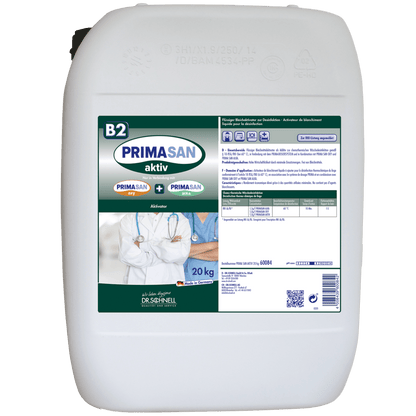 A white 20 kg plastic container labeled "Dr. Schnell PRIMA SAN AKTIV" by DR.SCHNELL GmbH & Co. KGaA, with a detailed product label featuring text, tables, and images of medical professionals for the use of disinfectants.