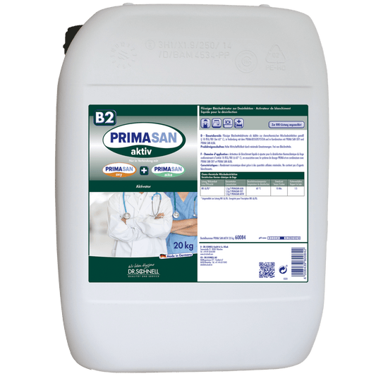 A white 20 kg plastic container labeled "Dr. Schnell PRIMA SAN AKTIV" by DR.SCHNELL GmbH & Co. KGaA, with a detailed product label featuring text, tables, and images of medical professionals for the use of disinfectants.