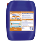 A large blue 20 kg plastic container labeled "Dr. Schnell PRIMA SAN OXY" by DR.SCHNELL GmbH & Co. KGaA, with product information, hygiene instructions, images of folded towels on the front label, a red cap, and used as a disinfectant.