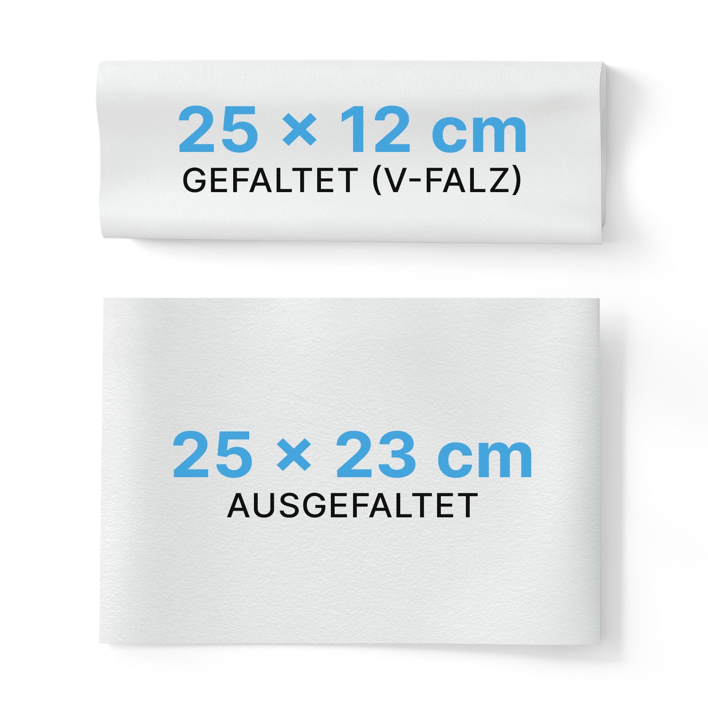 Pictured are two ARNOMED PAPER TOWELS (ARNOWA GmbH): one folded in V-fold (25 x 12 cm), the other unfolded (25 x 23 cm). Both are marked with blue and black text and are thus ideal for washrooms.