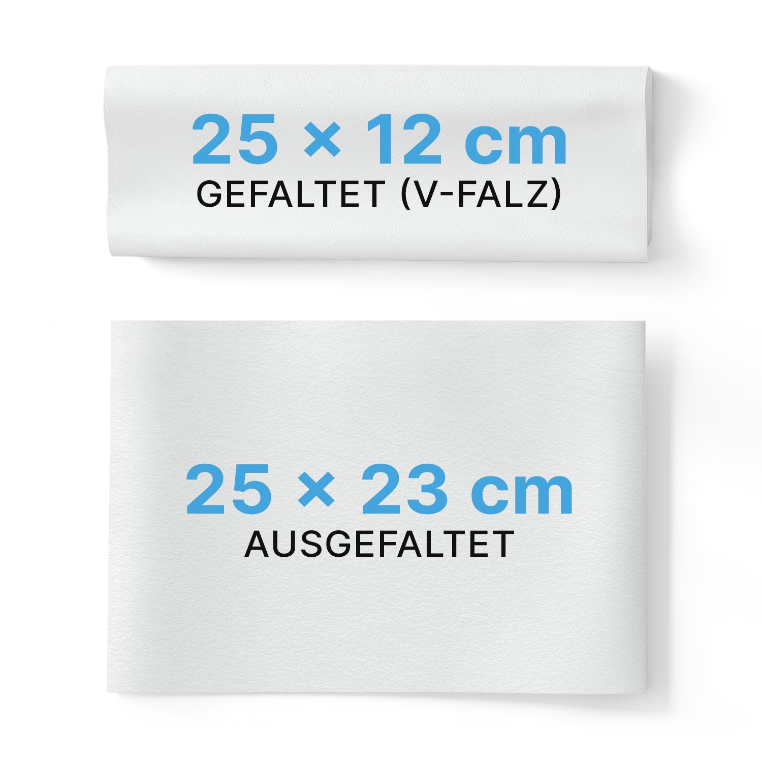 Pictured are two ARNOMED PAPER TOWELS (ARNOWA GmbH): one folded in V-fold (25 x 12 cm), the other unfolded (25 x 23 cm). Both are marked with blue and black text and are thus ideal for washrooms.