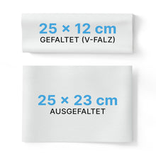 Pictured are two ARNOMED PAPER TOWELS (ARNOWA GmbH): one folded in V-fold (25 x 12 cm), the other unfolded (25 x 23 cm). Both are marked with blue and black text and are thus ideal for washrooms.