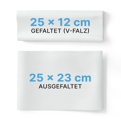 Pictured are two ARNOMED PAPER TOWELS (ARNOWA GmbH): one folded in V-fold (25 x 12 cm), the other unfolded (25 x 23 cm). Both are marked with blue and black text and are thus ideal for washrooms.