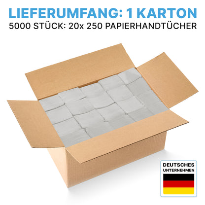 An open box of ARNOMED PAPER TOWELS 25 x 23 cm | V-FOLD from ARNOWA GmbH, labeled "CONTENTS: 1 CARTON 5000 PIECES: 20x 250 PAPER TOWELS". German flag with "GERMAN COMPANY" at the bottom right.