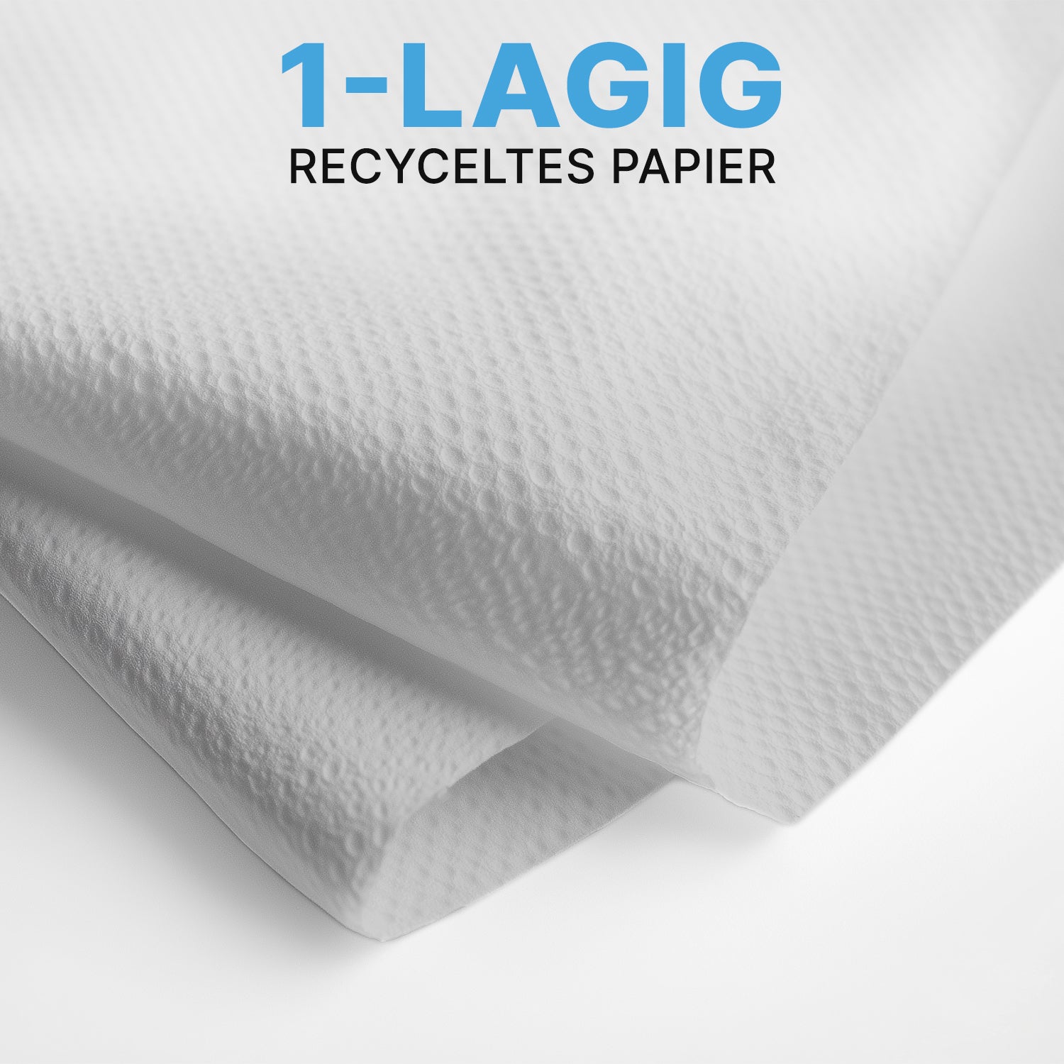 Close-up of two white ARNOMED PAPER TOWELS (25 x 23 cm, V-FOLD) from ARNOWA GmbH with a textured surface, layered in V-fold. The blue-black text reads "1-PLY RECYCLED PAPER" - ideal for washrooms.
