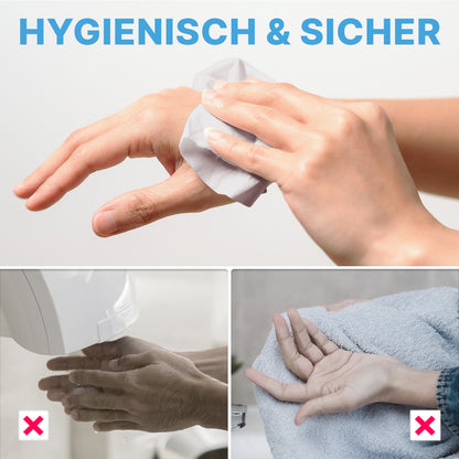 A hand wipes another with a cloth. Below are two images of hands under a hand dryer and drying with a towel marked with red X's - a note on the hygienic use of ARNOMED PAPER TOWELS 25 x 23 cm | V-FOLD from ARNOWA GmbH.