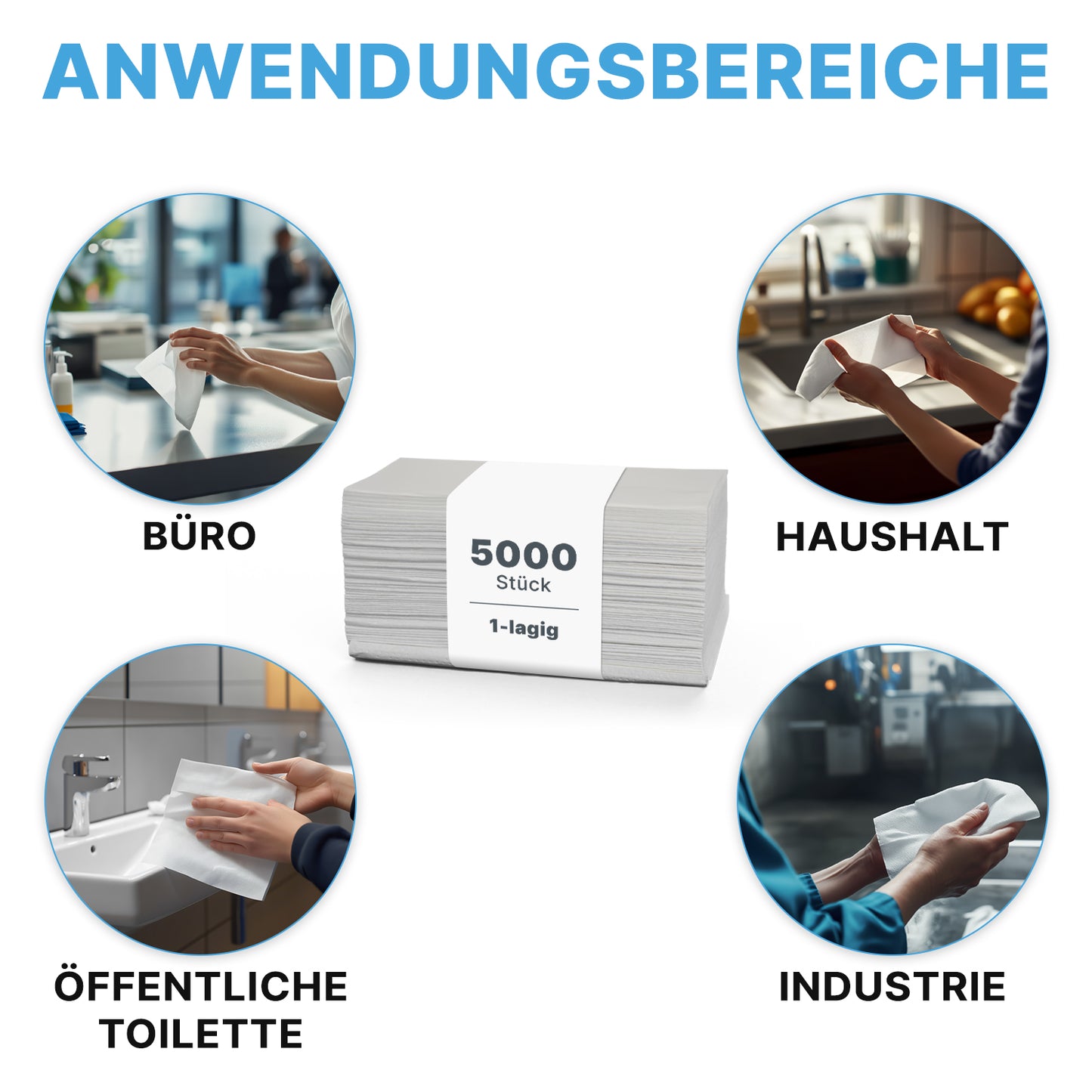 In the middle is a stack of 5,000 ARNOMED PAPER TOWELS 25 x 23 cm | V-FOLD from ARNOWA GmbH, used in washrooms, offices, homes, and industry - each labeled in German.