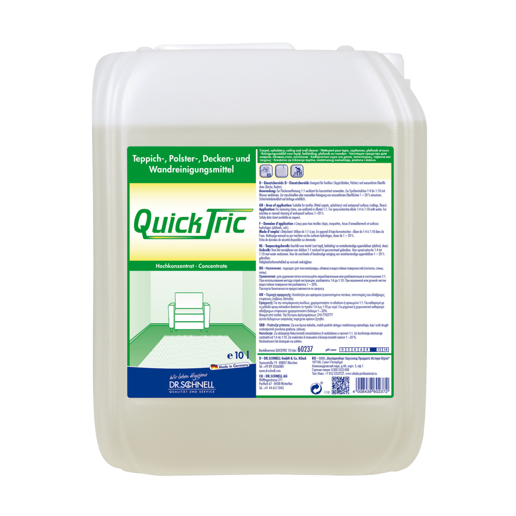A 10-liter plastic container from Dr. Schnell QUICK TRIC by DR.SCHNELL GmbH & Co. KGaA, a concentrated cleaning agent for the professional cleaning of carpets, upholstery, ceilings, and walls; the label includes instructions and an illustration of a couch and a carpet.