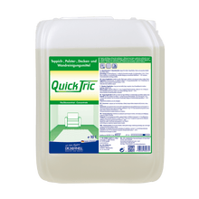 A 10-liter plastic container of Dr. Schnell QUICK TRIC from DR.SCHNELL GmbH & Co. KGaA, a concentrated cleaning agent for the professional cleaning of carpets, upholstery, ceilings, and walls; the label contains instructions and the image of a couch and a carpet.