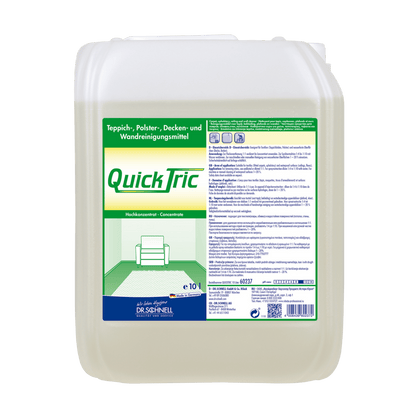 A 10-liter plastic container from Dr. Schnell QUICK TRIC by DR.SCHNELL GmbH & Co. KGaA, a concentrated cleaning agent for the professional cleaning of carpets, upholstery, ceilings, and walls; the label includes instructions and an illustration of a couch and a carpet.
