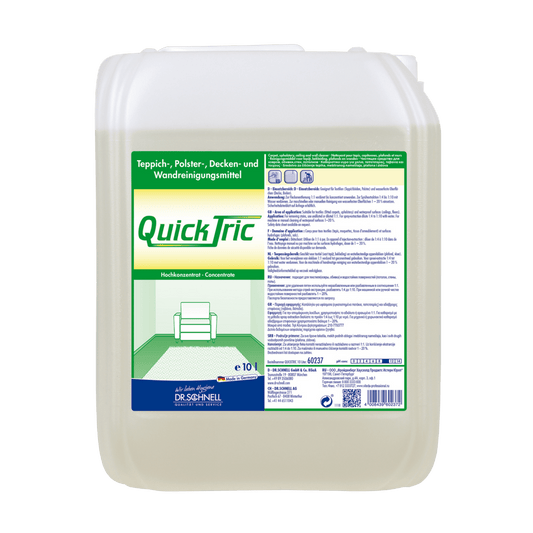 A 10-liter plastic container of Dr. Schnell QUICK TRIC from DR.SCHNELL GmbH & Co. KGaA, a concentrated cleaning agent for the professional cleaning of carpets, upholstery, ceilings, and walls; the label contains instructions and the image of a couch and a carpet.