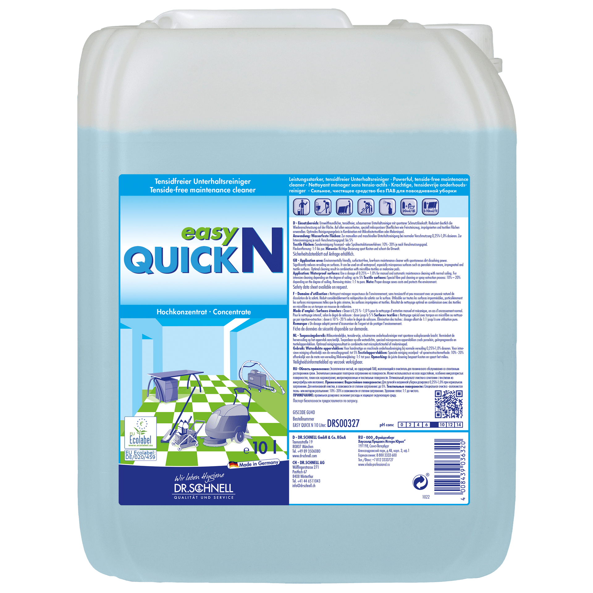 A 10-liter container Dr. Schnell EASY QUICK by DR.SCHNELL GmbH & Co. KGaA displays instructions, application symbols, and images of clean surfaces on its label, making it suitable as a versatile cleaner for professional use.