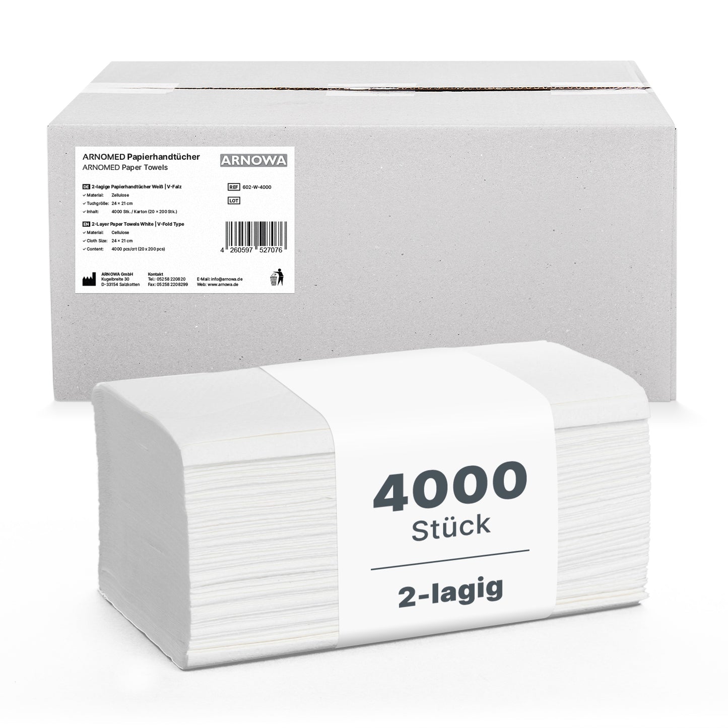 A stack of white ARNOMED PAPER TOWELS 25 x 23 cm | V-FOLD, labeled "4000 pieces, 2-ply", lies in front of a plain box from ARNOWA GmbH - perfect for washrooms.