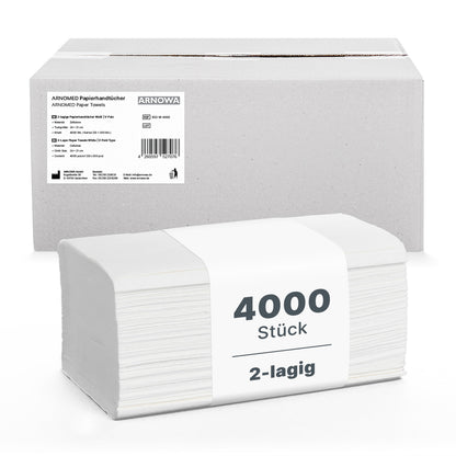 A stack of white ARNOMED PAPER TOWELS 25 x 23 cm | V-FOLD, labeled "4000 pieces, 2-ply", lies in front of a plain box from ARNOWA GmbH - perfect for washrooms.