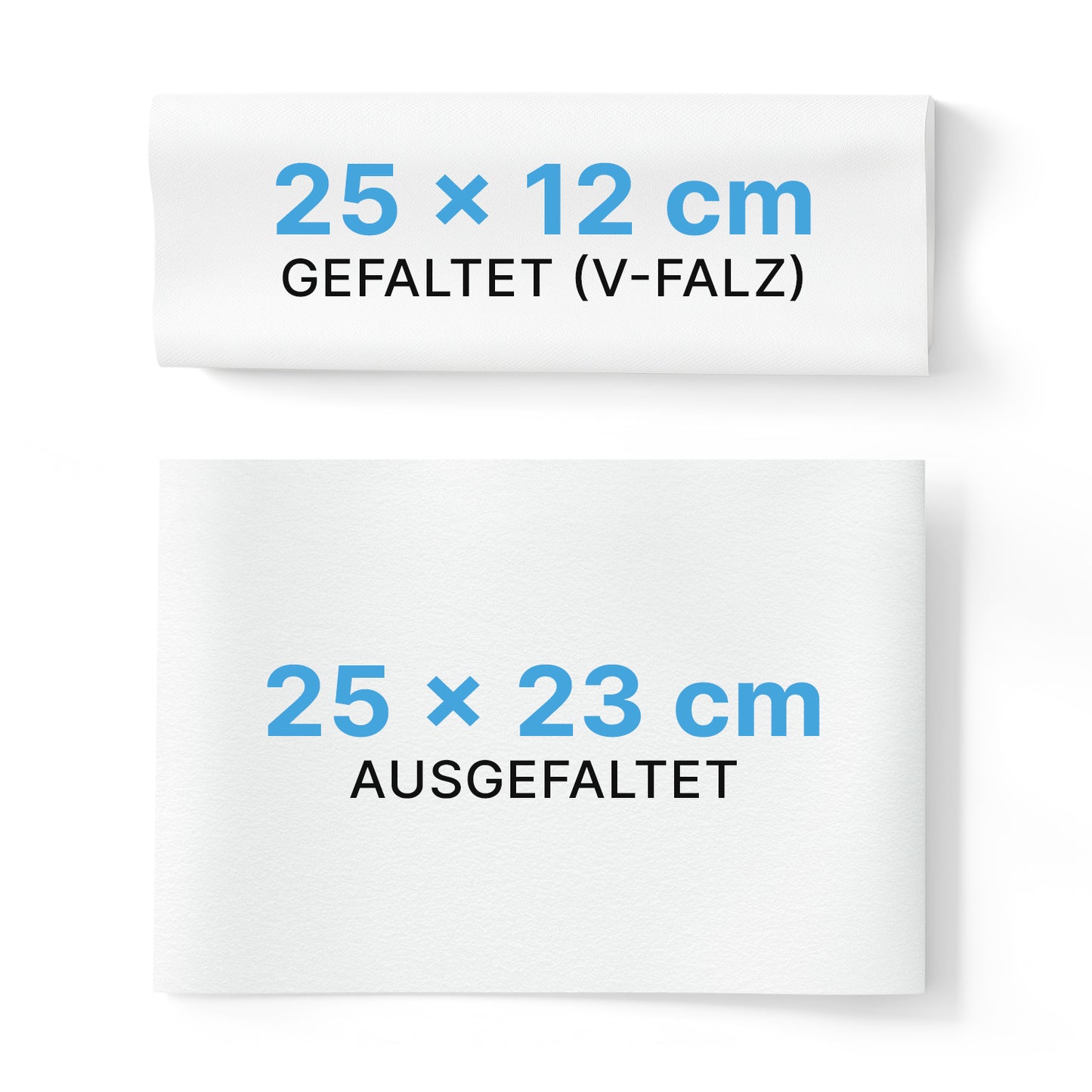 Two white ARNOMED paper towels 25 x 23 cm | V-Fold from ARNOWA GmbH: the top one is folded and labeled "25 x 12 cm FOLDED (V-FOLD)", the bottom one is unfolded and labeled "25 x 23 cm UNFOLDED", both in black and blue text.