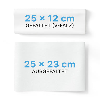 Two white ARNOMED paper towels 25 x 23 cm | V-Fold from ARNOWA GmbH: the top one is folded and labeled "25 x 12 cm FOLDED (V-FOLD)", the bottom one is unfolded and labeled "25 x 23 cm UNFOLDED", both in black and blue text.