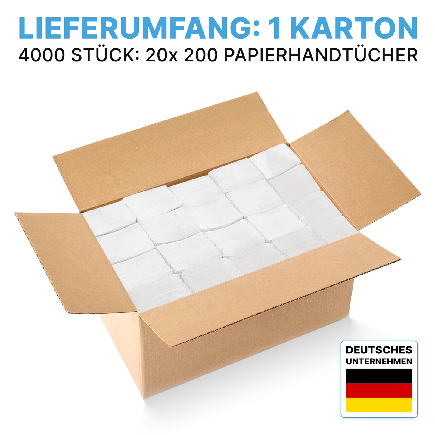 A box with ARNOMED PAPER TOWELS 25 x 23 cm | V-FOLD from ARNOWA GmbH, stacked inside. Text reads: "Contents: 1 box, 4000 pieces (20x200 paper towels)". Ideal for washrooms. German company logo at the bottom right.