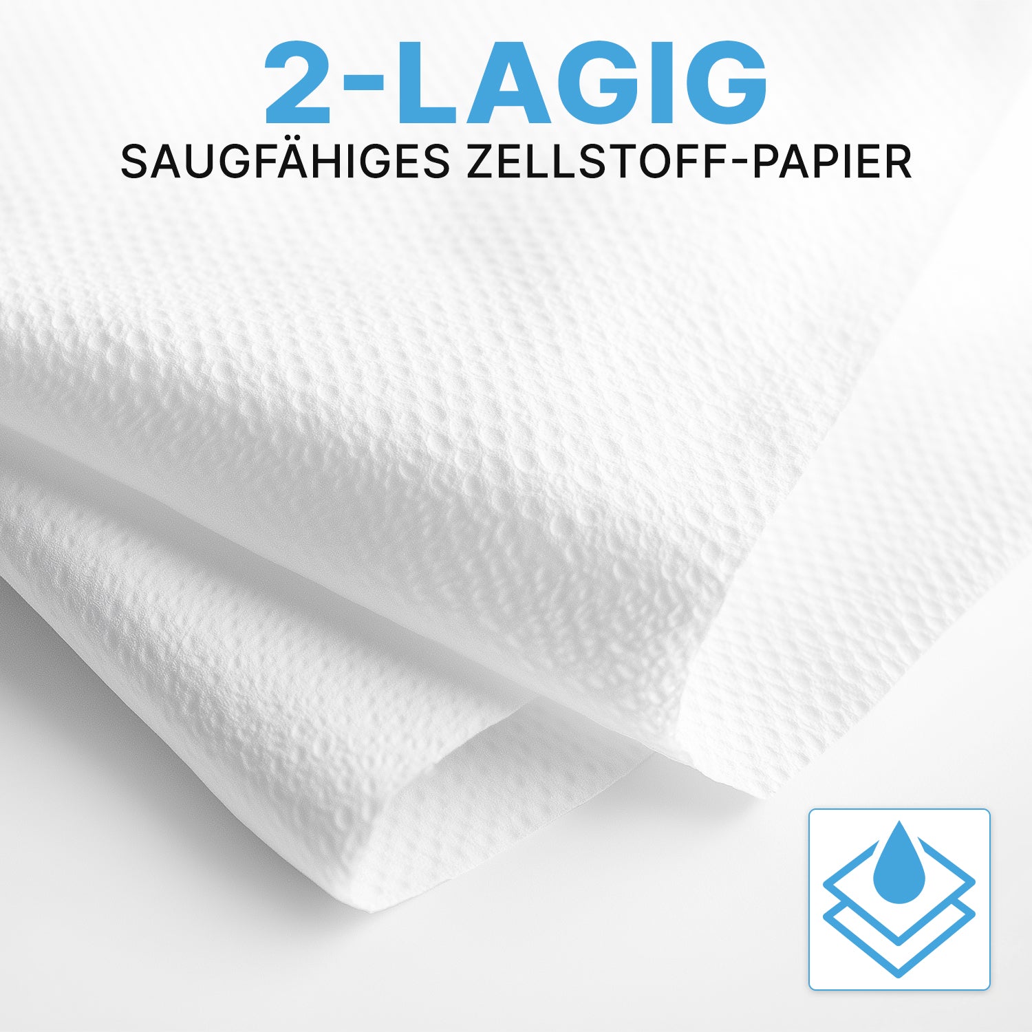Two sheets of ARNOMED PAPER TOWELS 25 x 23 cm | V-FOLD from ARNOWA GmbH show their absorbent, 2-ply cellulose texture - ideal for washrooms. The image shows a blue icon of stacked sheets with a water droplet.