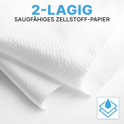 Two sheets of ARNOMED PAPER TOWELS 25 x 23 cm | V-FOLD from ARNOWA GmbH show their absorbent, 2-ply cellulose texture - ideal for washrooms. The image shows a blue icon of stacked sheets with a water droplet.