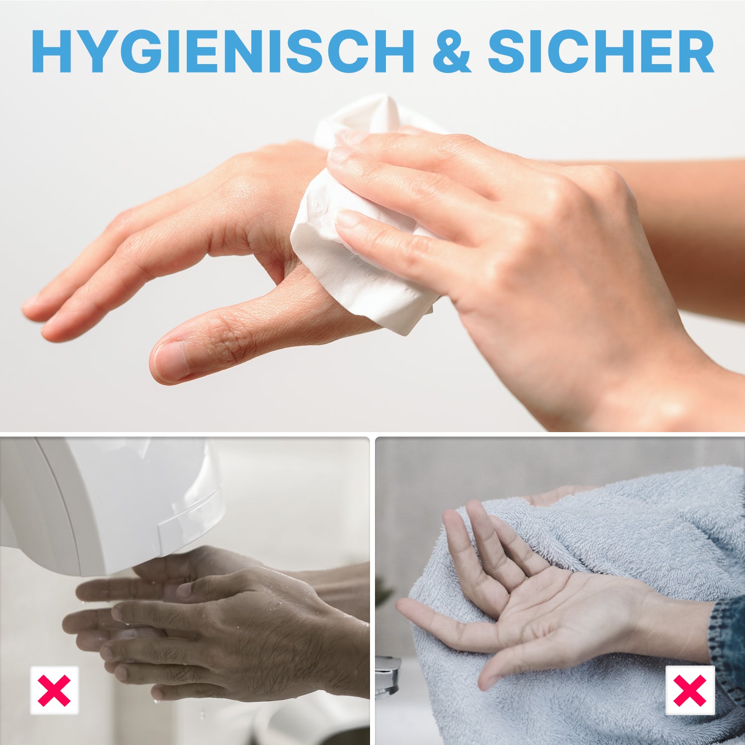 A hand is cleaned with a wet cloth; below, hands are dried with a hand dryer and a towel (both marked with X). The upper text reads "HYGIENIC & SAFE" - ideal for washrooms with ARNOMED PAPER TOWELS 25 x 23 cm | V-FOLD from ARNOWA GmbH.
