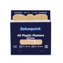 A box of Orkla Wound Care AB plastic bandages, 45 pieces/refill (6 packs), with four beige bandages. The pack offers two flexible wound care sizes: 27 x 72 × 19 mm and 18 x 72 × 25 mm.